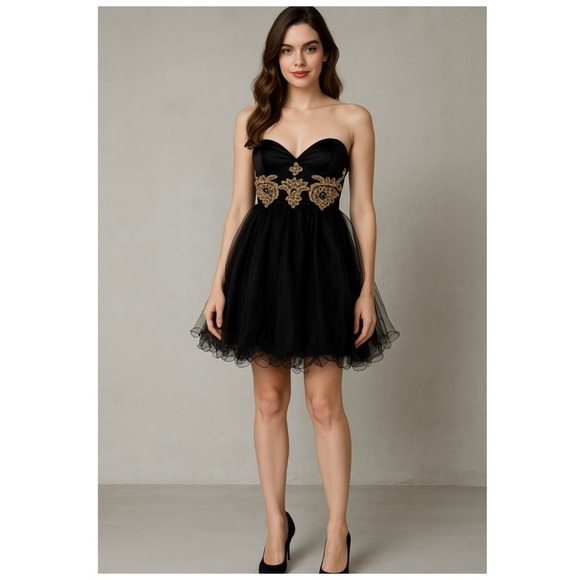 SHERRI HILL Black Gold Embroidered Tulle Strapless Mini Cocktail Dress Size 2 - Picture 3 of 10